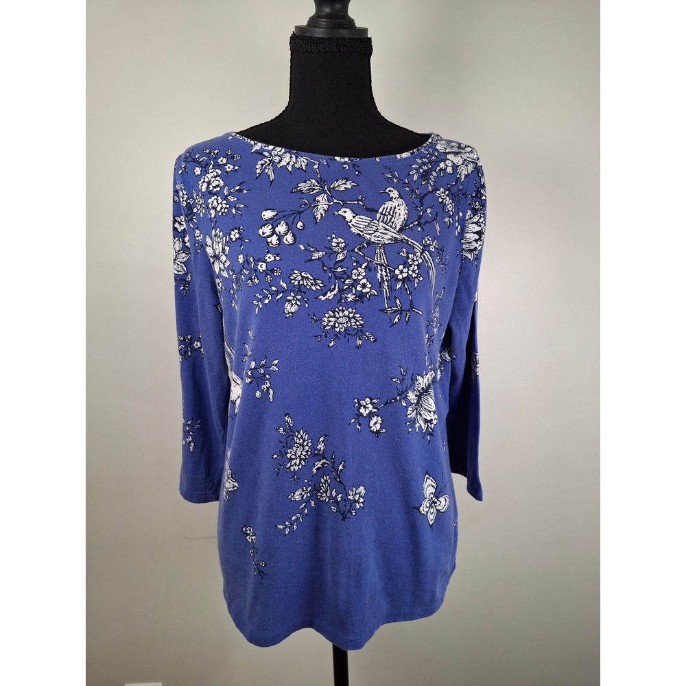 Talbots Tee Blue Floral Bird Toile Print 3/4 Sleeve Top Petite Large LP Cotton